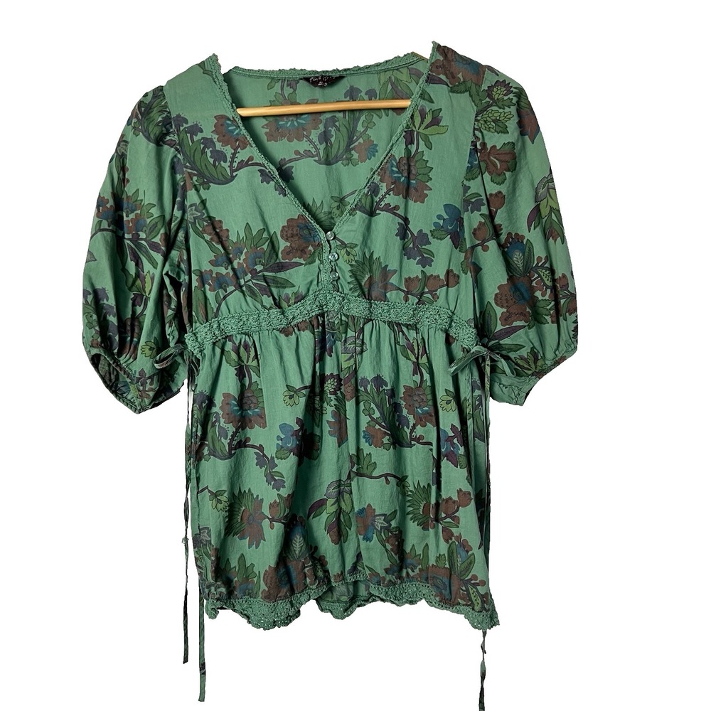 Vintage Y2K Old Navy Babydoll Top Womens Small Green Floral Cottagecore Summer